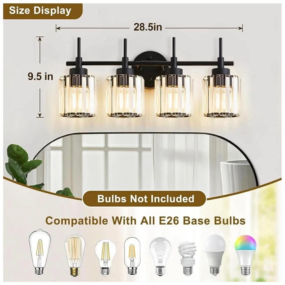 4 Light Round Crystal Vanity Lights Modern Black Crystal Wall‎ Light Bath Mirror